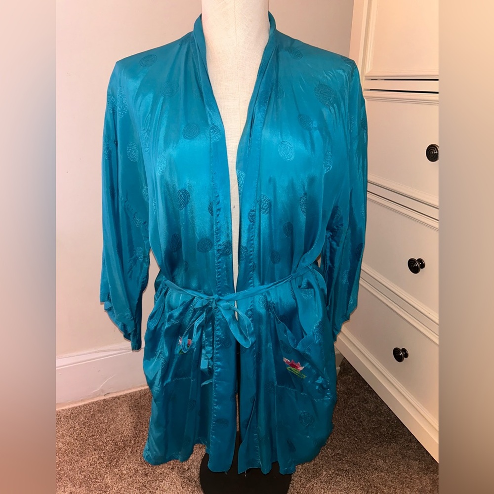 Esme Robe Womens Medium Blue Vintage Pure Rayon Embossed Floral Wrap Belt